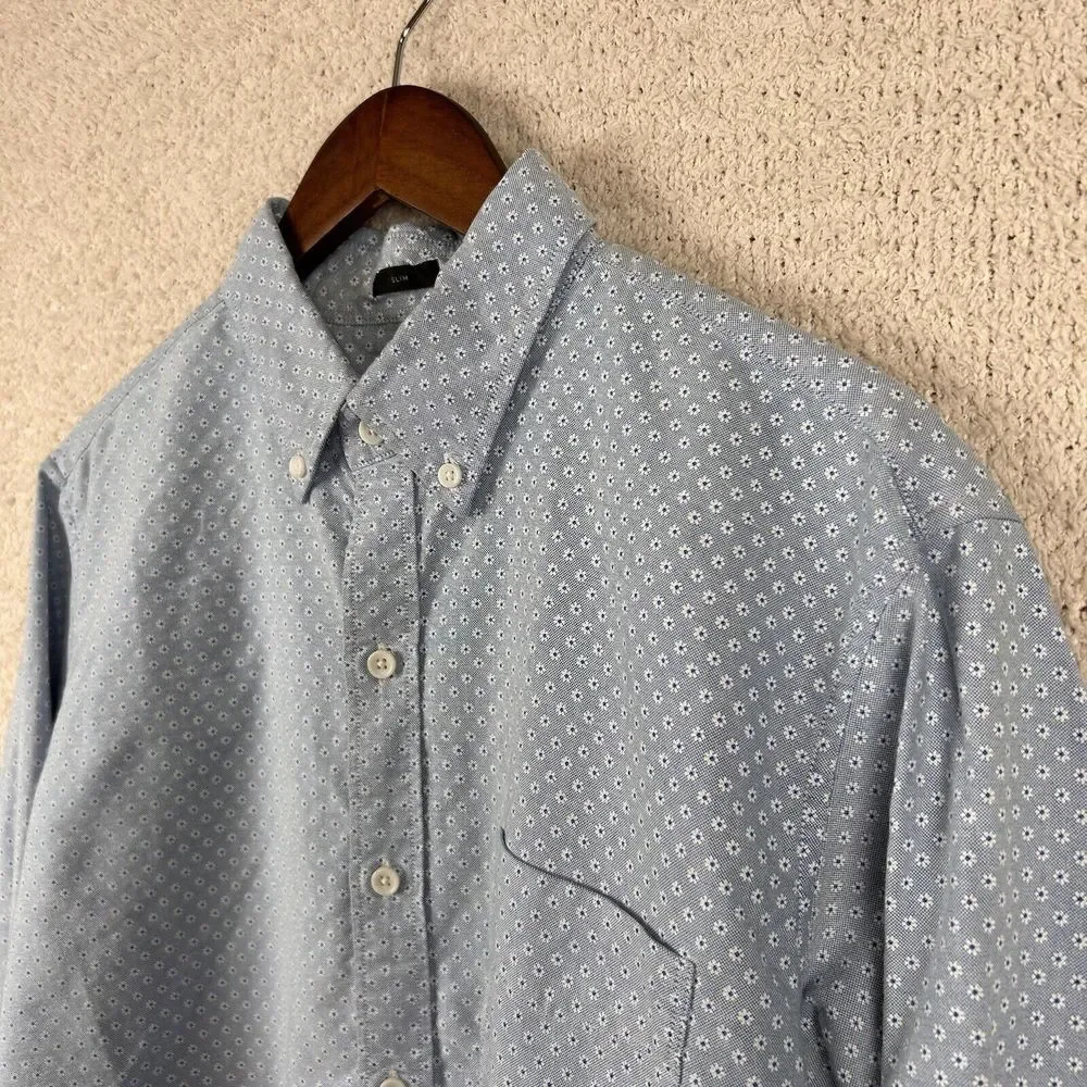 J. Crew Shirt Mens L Blue Floral Oxford Slim Button Up Long Sleeve Preppy Pocket